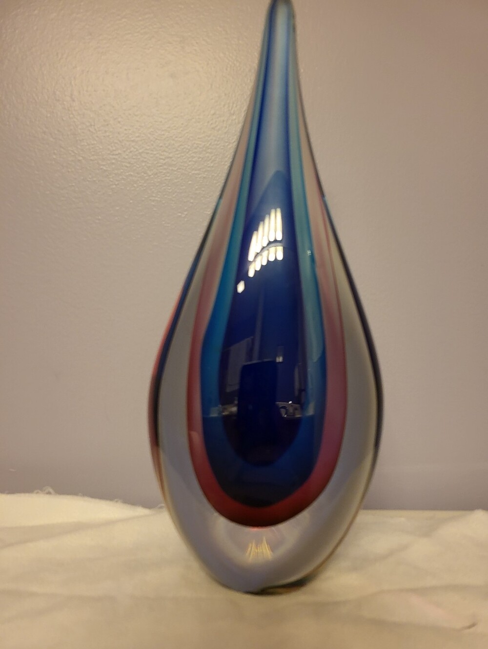 Murano Summerso 11 x 4.5 Handblown Art Glass Teardrop Sculpture in Blue and Red